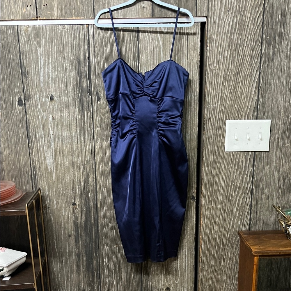 Xscape Navy Satin Ruched Midi Dress